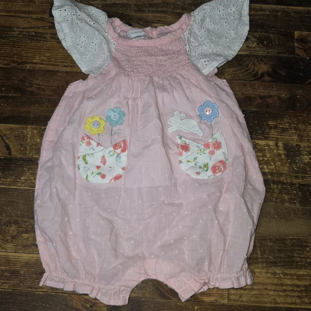 Mudpie Size 6-9 Month Pink Romper Bubble Flowers Bunny Easter